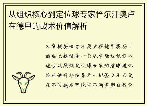从组织核心到定位球专家恰尔汗奥卢在德甲的战术价值解析 从组织核心到定位球专家恰尔汗奥卢在德甲的战术价值解析
