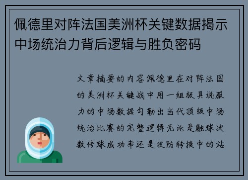 佩德里对阵法国美洲杯关键数据揭示中场统治力背后逻辑与胜负密码